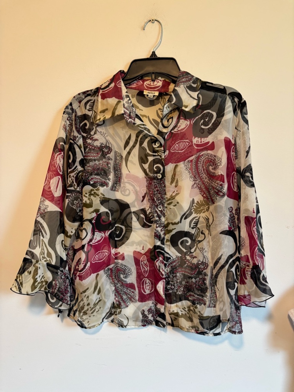Vintage Y2K NICOLA Sheer Paisley Button-Front Blouse - Red, Black, Olive